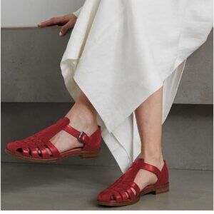 FSJ Red Retro Closed Toe Low Block Heel Woven Roman Ankle Strap Hollow Sandals